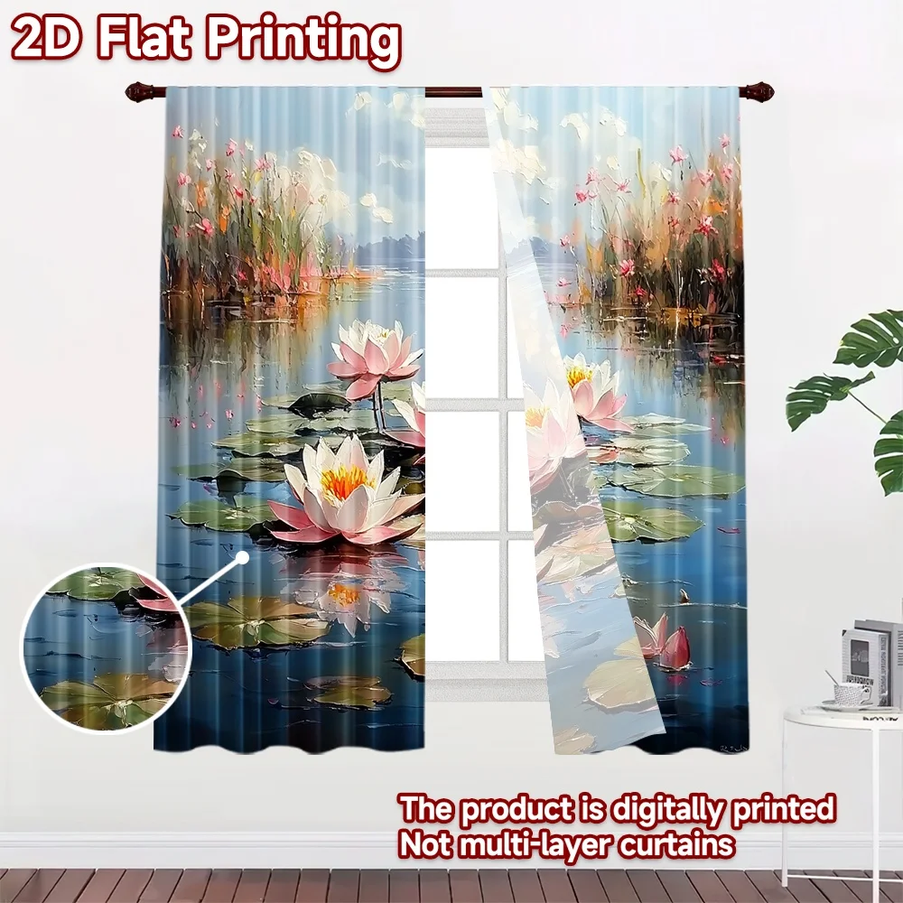 2D flat 2pcs Curtain Home Short Curtains Pink Water Lilies Lake Digitally printed polyester, colorfast Festive Holiday Perfect