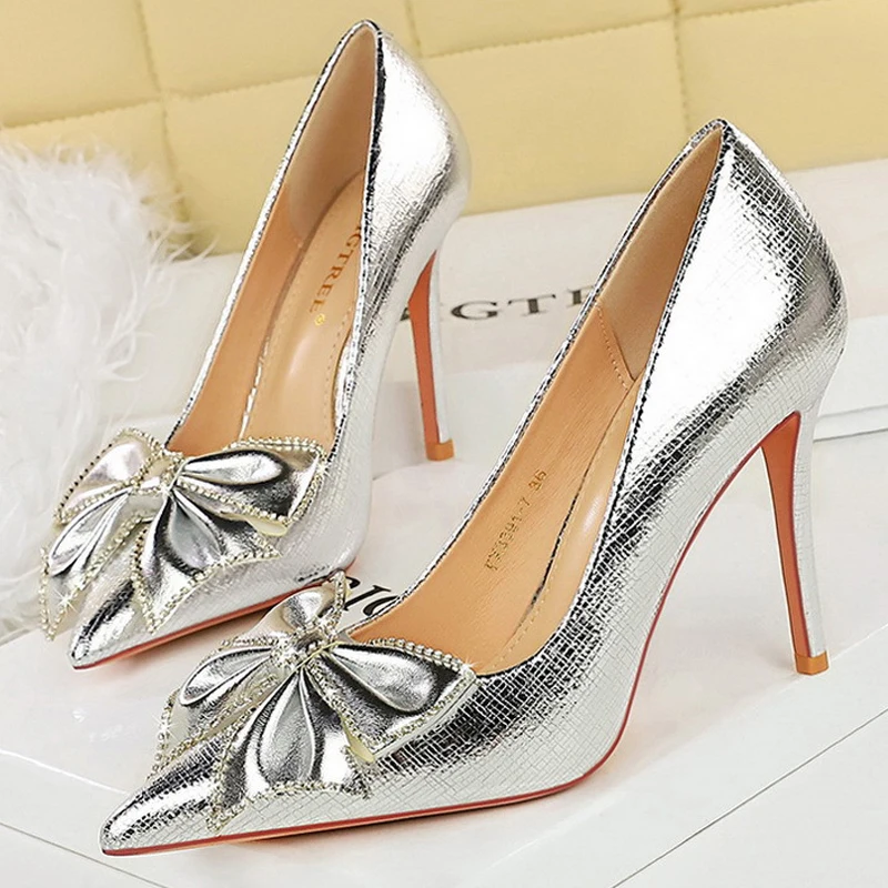 BIGTREE Shoes Women 7cm 10cm Heels Sharp Pointed Rhinestone Bow Women Pumps Luxury Banquet Shoes Stilettos Lady Wedding Shoes