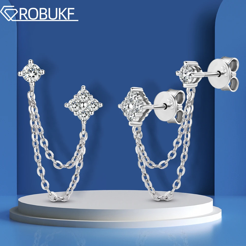 3mm Full Moissanite Stud Earrings for Women 925 Sterling Silver Double Earhole Ear Line Clover Tassel Jewelry with GRA Certified