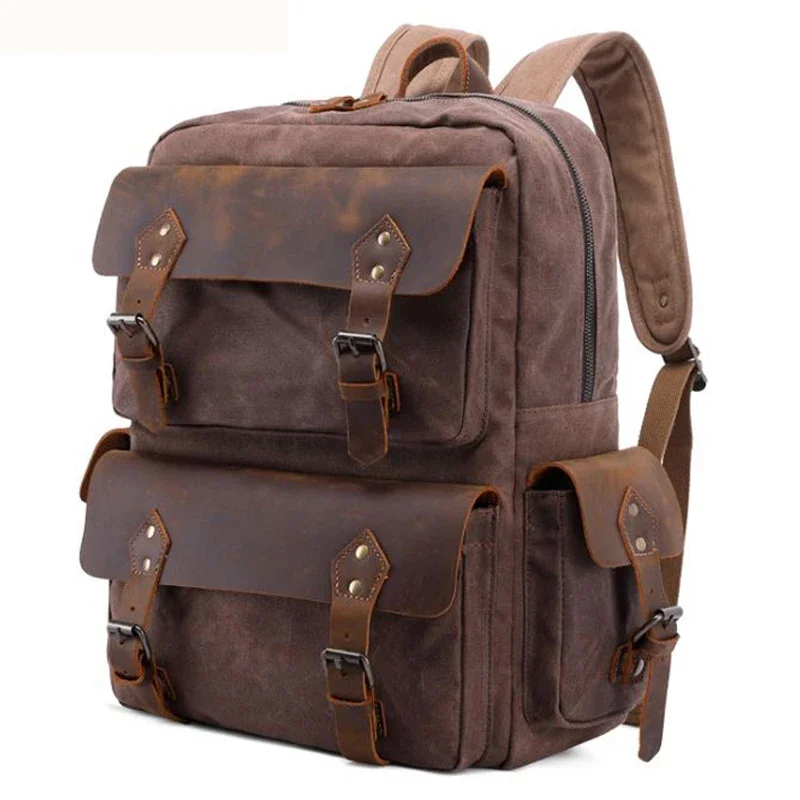 Vintage Waxed Canvas Backpack Men Genuine Leather Backpack male travel Bagpack Large Teenager School Rucksack Travel Bag