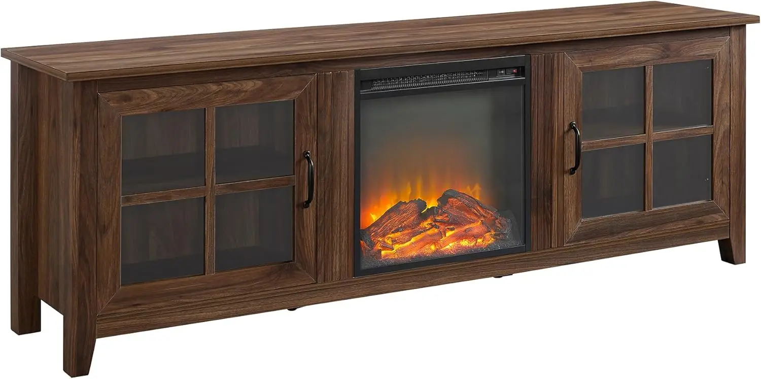 Bern Classic 2 Glass Door Fireplace Tv Stand For Tvs Up To 80 Inches, 70 Inch, Walnut