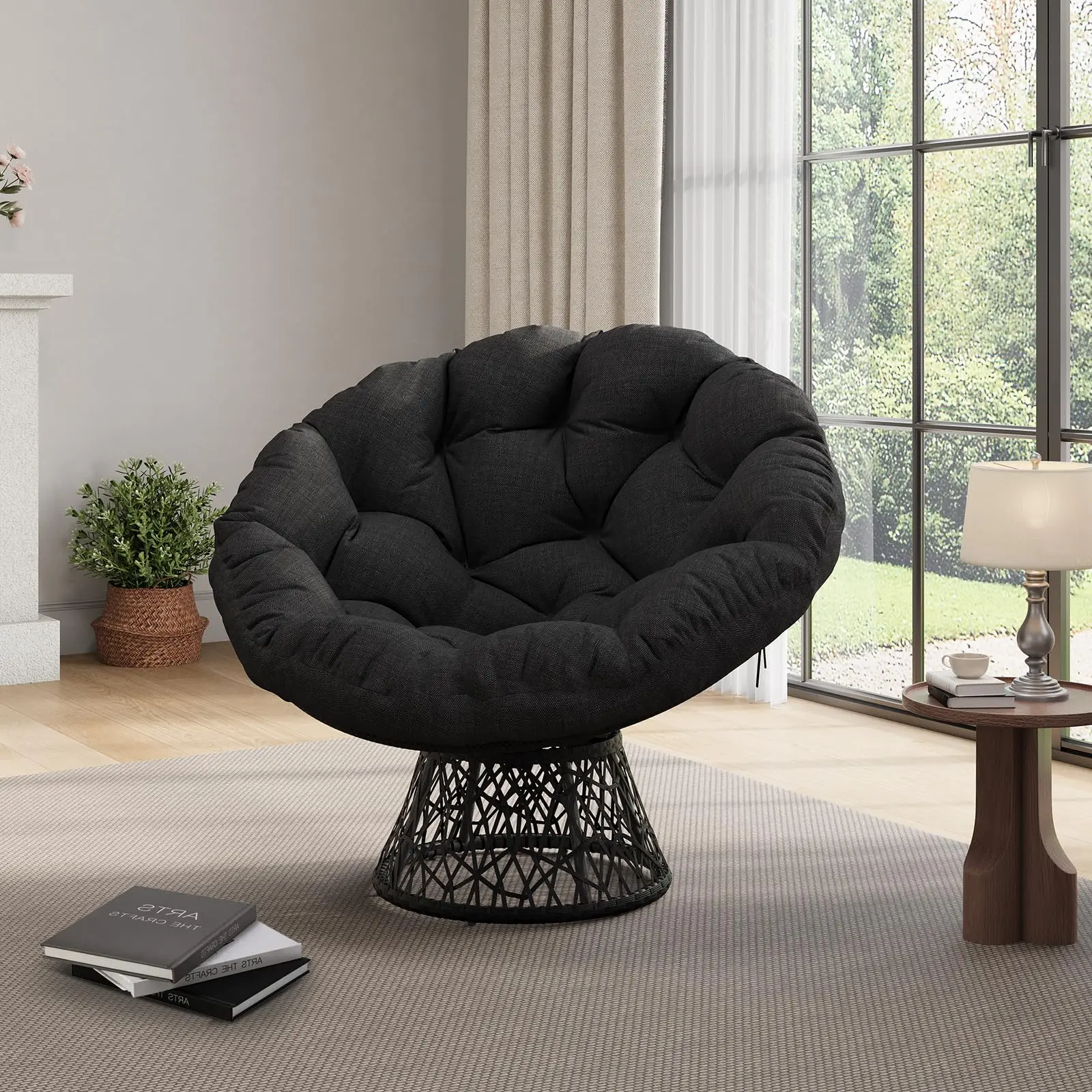 360 Degree Swivel Papasan Chair 40 Inch Ergonomic Wicker Moon Bowl Lounge Chair with Extra Thick Soft Fabric Cushion Heavy Duty Steel Frame for Living Room Bedroom Reading Nook Indoor