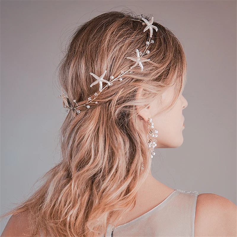 Handmade Gold Color Starfish and Pearl Headband, Creamy White Drop Earrings, Marine Style Bridal Jewelry Women Hair Accessories