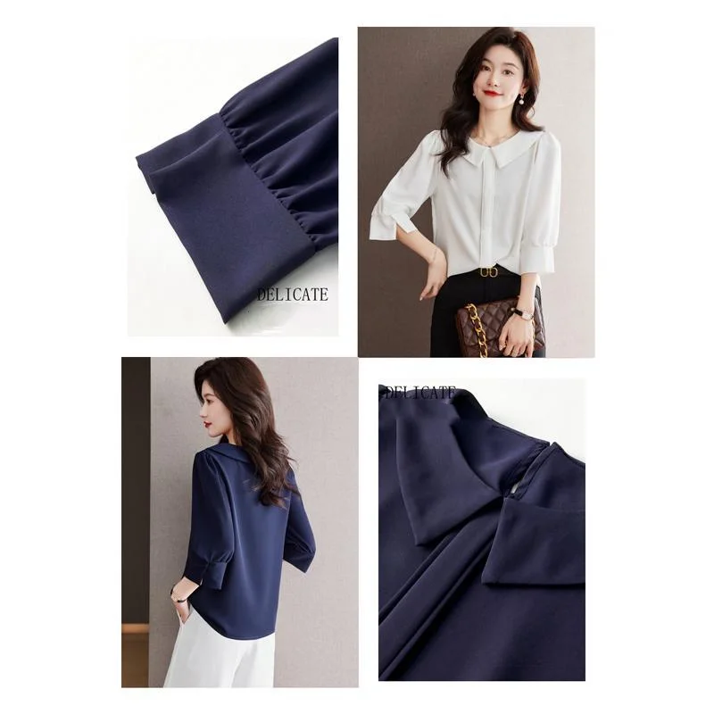 Fashion Summer Solid Color Thin Blouse Women Classic 3/4 Sleeve Elegant O-collar Office Versatile Pullover Lady Chiffon Shirt