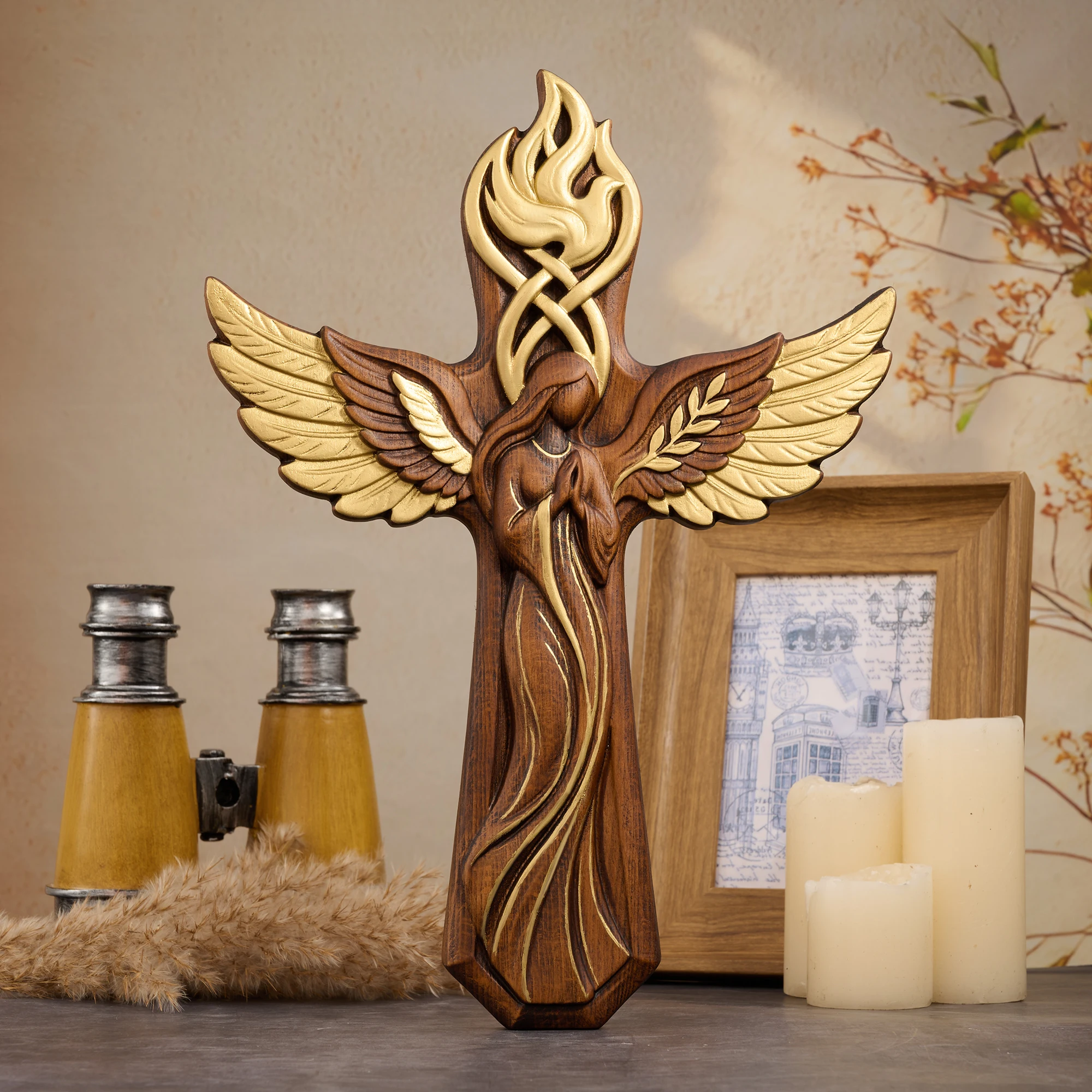 Wooden Angel Wall Cross Hand‑Carved Praying Angel with Golden Wings Holy Spirit Dove Religious Wall Hanging Decor Catholic Chris