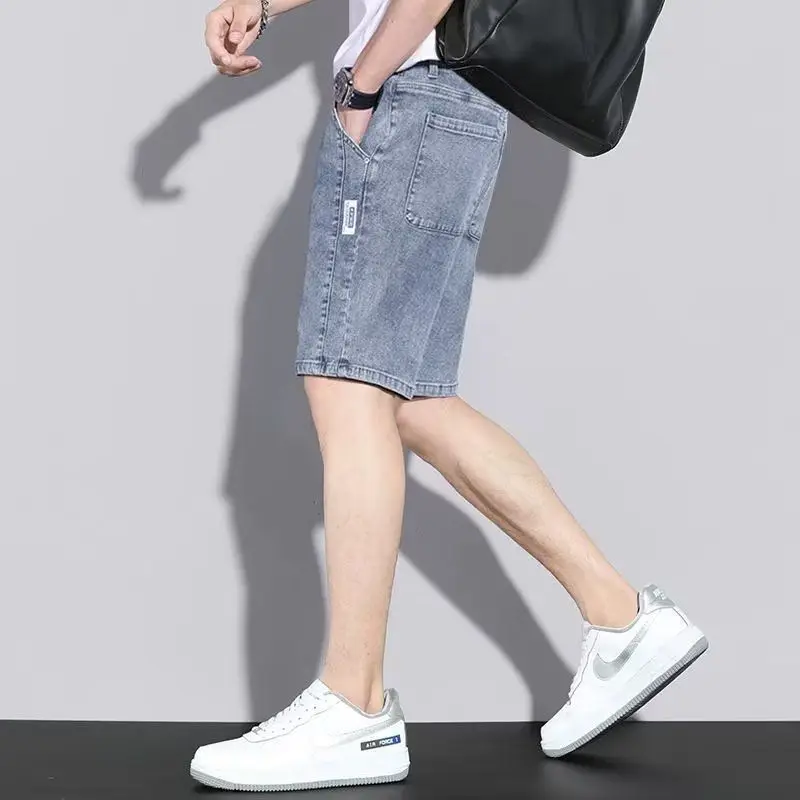 Summer Straight Hole Elastic Casual Denim Shorts Men Embroidery Print Patchwork Button Pocket Zipper Versatile Five-Point Pants