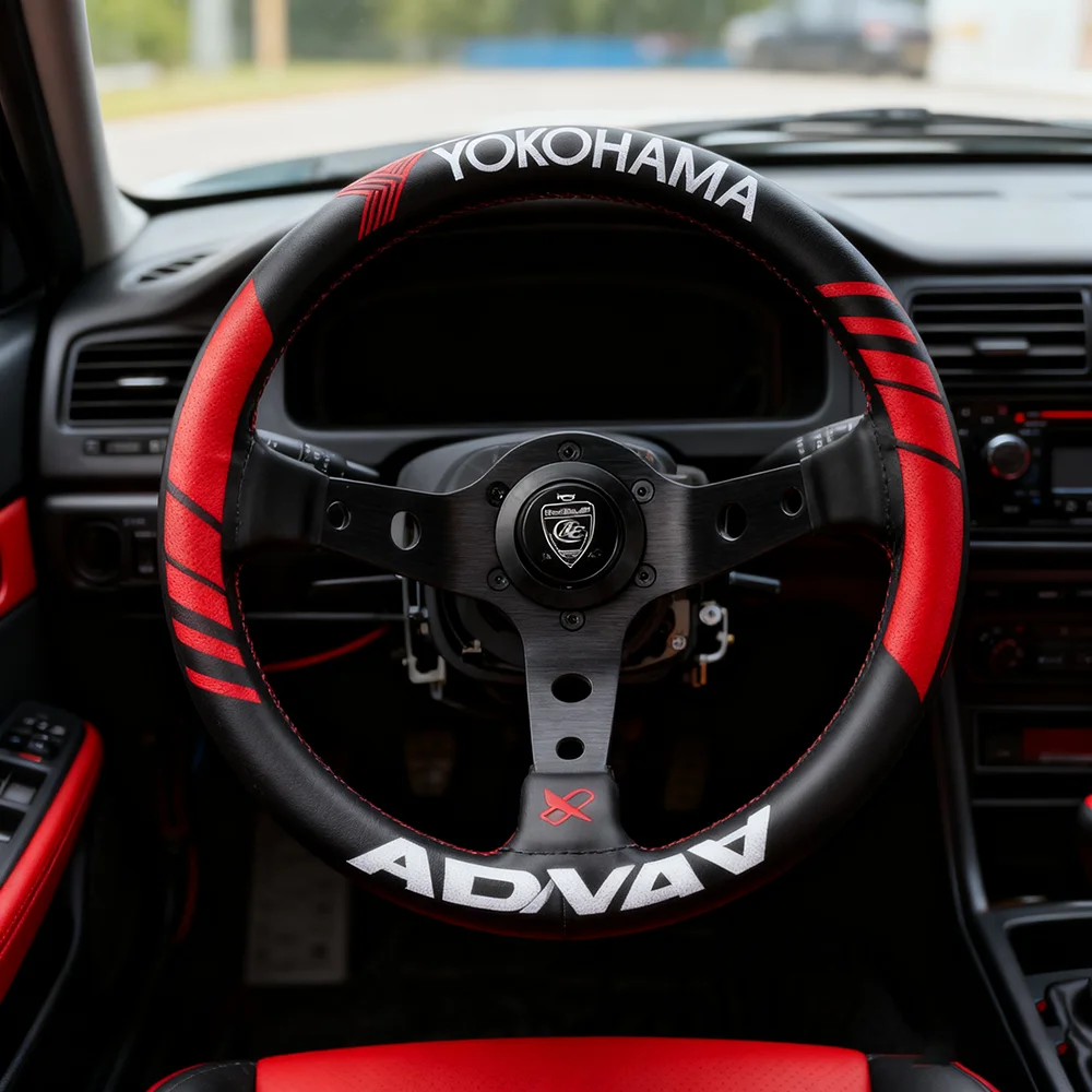 VERTEX JDM 330mm  Racing Steering Wheel Black Genuine Leather Collaboration Steering Wheel with Red Line Embroidered