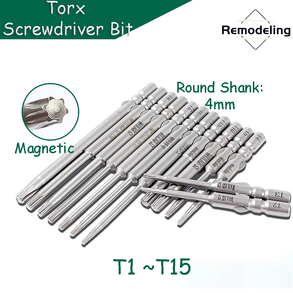 

Torx Screwdriver Bit T1 - T15 Magnetic 4mm Round Shank S2 Steel 40/60/80/100mm Length Electric Batch Head Repair Wrench Bits