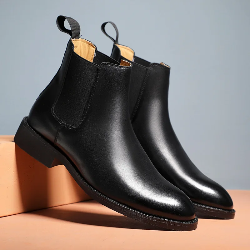 

Spring/ Winter Elegant Chelsea Boots Leather Men Couple Shoes Size 35 47 Slip-on Dress Formal Boots Model Fashion Show