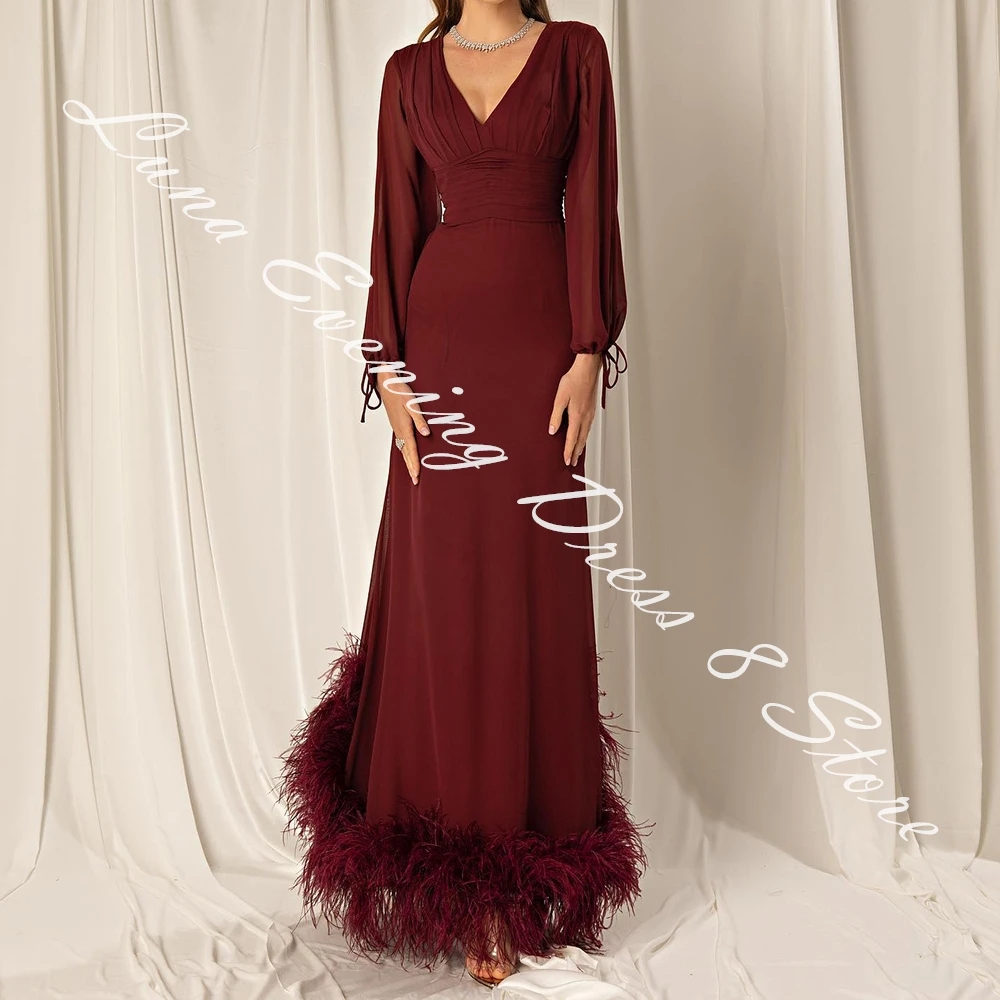 Customized Delicate Jersey A-Line Feathers Evening Dress V-Neck Floor Length Long Sleeves Photo Color Vestidos para mujer