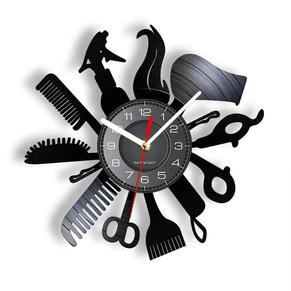 Barber Shop Vinyl Record Wall Clock LED Remote Backlight Silent Quartz Movement Hair Salon Decor Hairdresser Stylist Gift