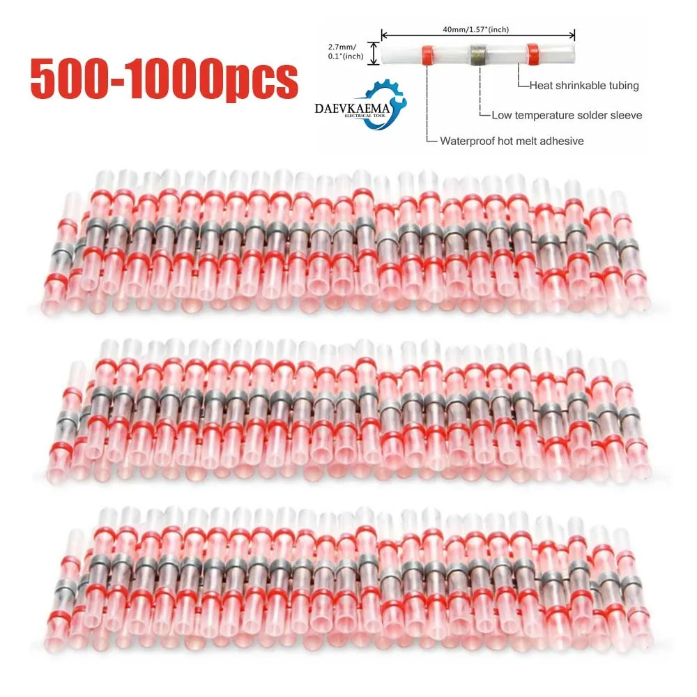 100/500/1000PCS Waterdichte AWG22-18 Rode Soldeer Seal Mouw Splice Terminals Koperen Krimpkous Elektrische Draad Butt connectoren