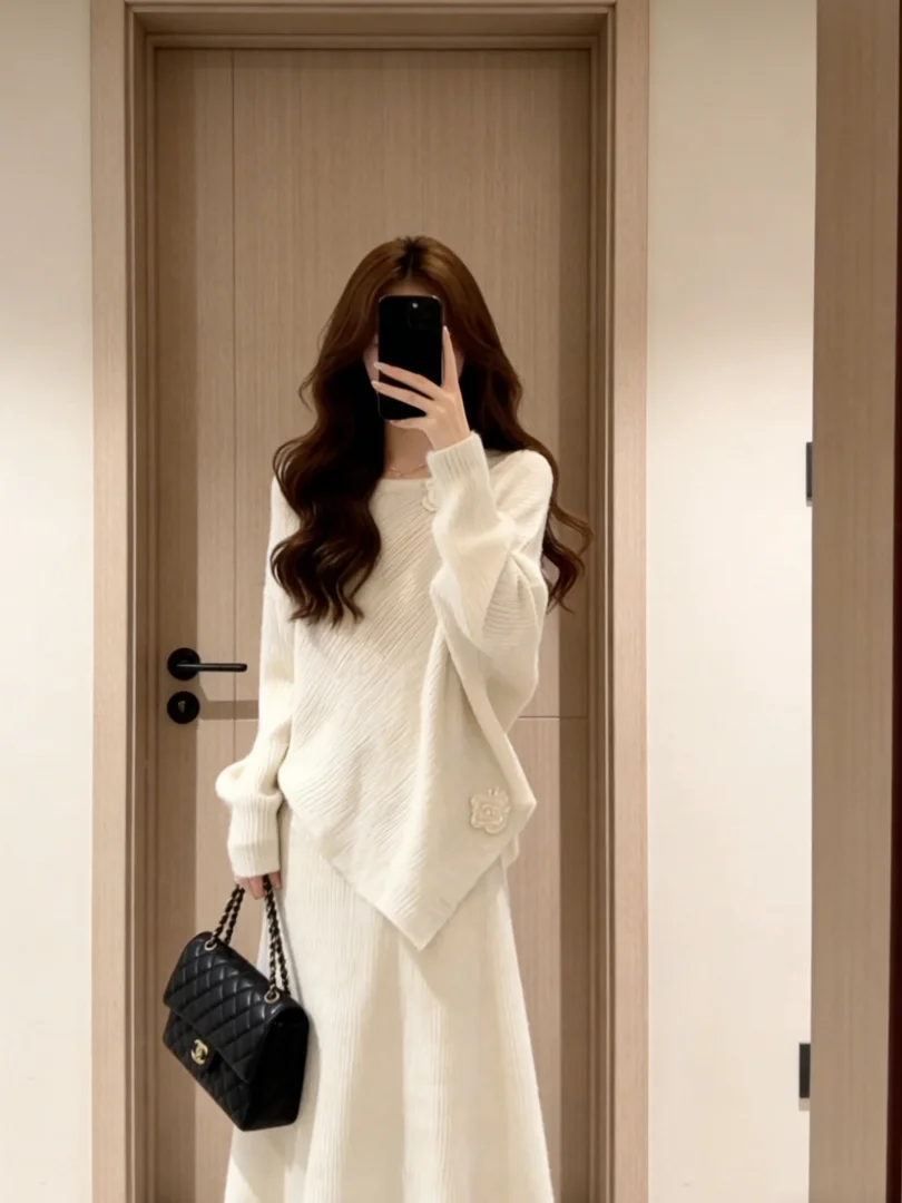 

Уникальный красивый зимний модный комплект Rich Girl Miu Series Long Sve вязаный свитер и юбка с растительным цветочным узором, нежный сле