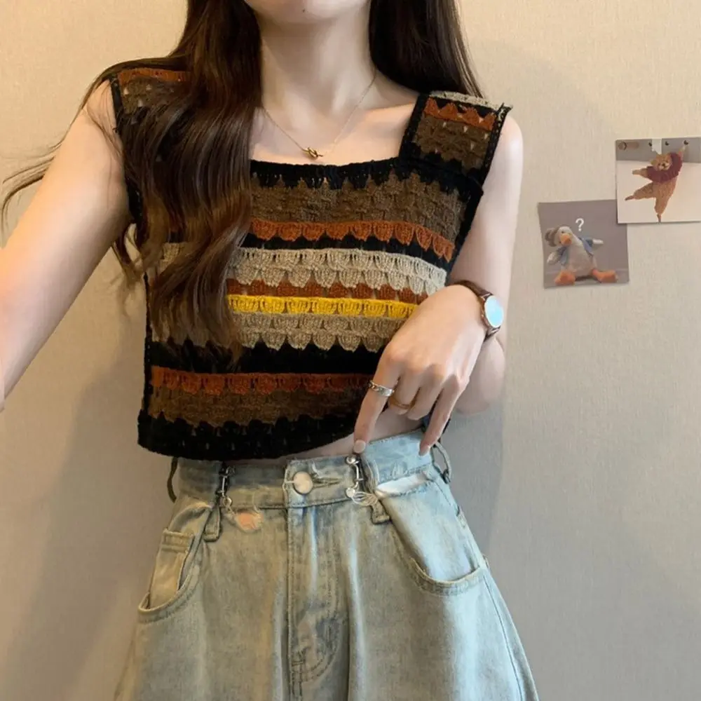

Hollow Beachwear y2k Female Lingerie Sleeveless Stripes Crochet Crop Tops Shoulder Strap Bikini Tanks Knitted Camisoles