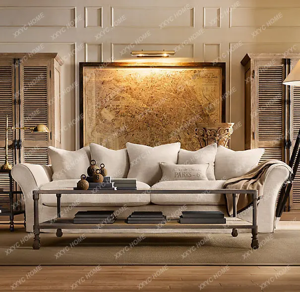 QQ132  Modern Fabric Sofa French Country Retro Solid Wood American Simple Linen Sofa