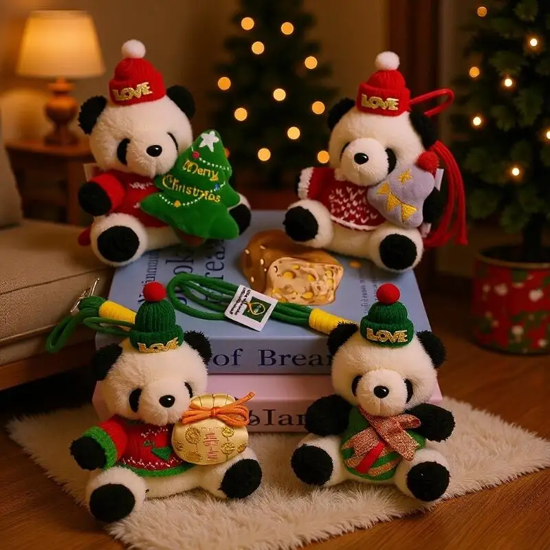 Feliz natal vermelho e verde chapéu de malha camisola trança corda panda abraço sino de natal macio pelúcia boneca chaveiro presente do casal