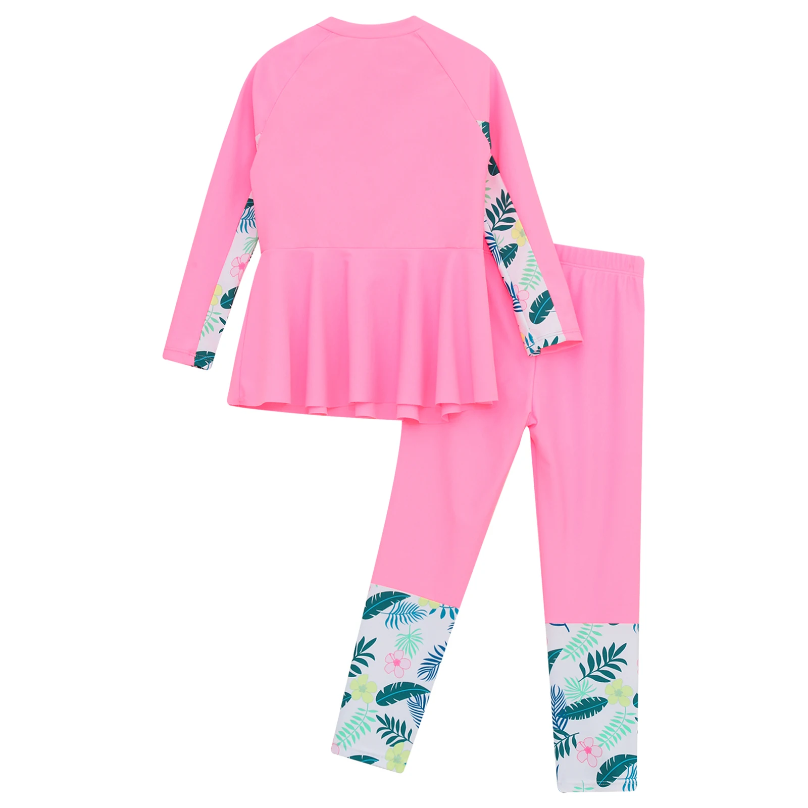 Kids Girls 2Pcs Swimsuit Sun Protective Rash Guard Floral Print Long Sleeve Top with Pants Swimwear Beach Surfing Bathing Suit