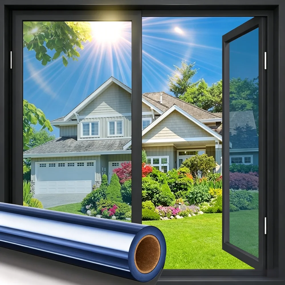Blue One Way Mirror Window Film, Self-Adhesive Privacy Tint, See Out Not In, 99% UV Blocking Shatterproof Film for Home