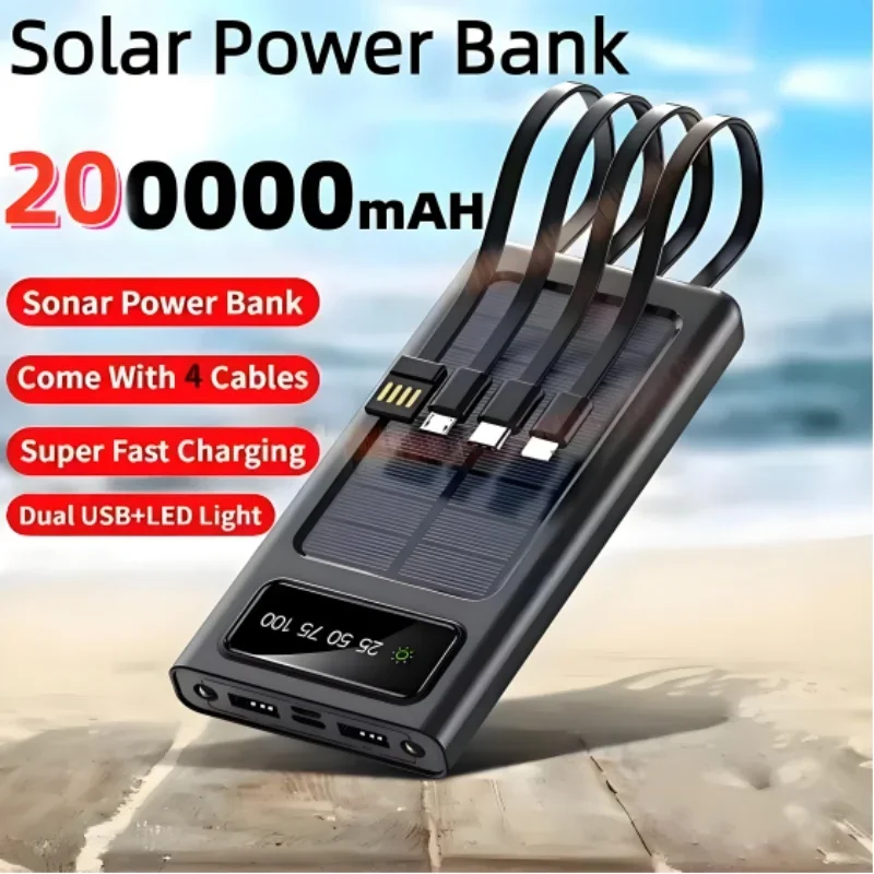 

200000 Mah Solar Power Bank Большая емкость Быстрая зарядка Мобильная батарея Dual Usb 4 кабеля для Iphone Xiaomi Samsung 2025