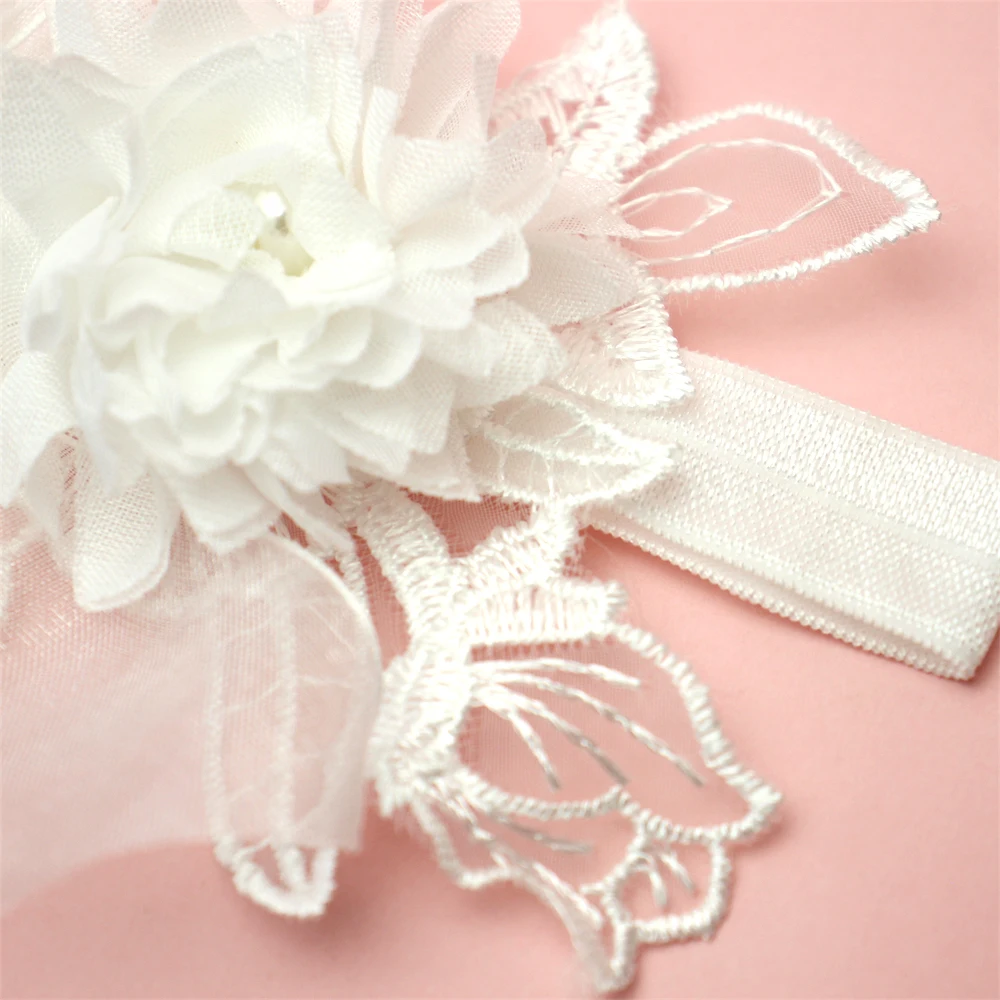 Weiße Spitze Chiffon Blumen Stirnband Baby Mädchen Blumen Turban Prinzessin Mesh Floral Perle Neugeborenen Haar Blume Photoprop Kopfbedeckung – Detail 14