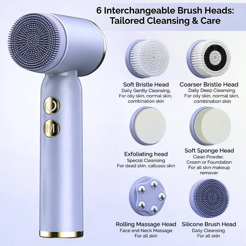 

6 In 1 Ultrasonic Electric Face CleansingBrush Compress Therapy FacialExfoliating Pore Cleaner BlackheadRemoval