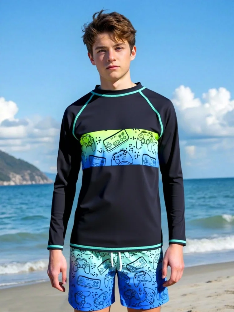 

Boy Kids Swimsuit 2026 New Black Game Console Long Sleeves Children Swimwear Summer 2 Piece Beach Cover Up Bathing Suit Swimming