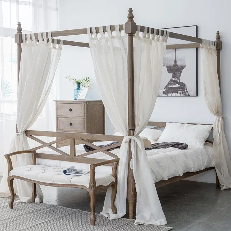 

American Country New Chinese Style Four-Poster Bed Log Oak Canopy Bed Southeast Asian Style