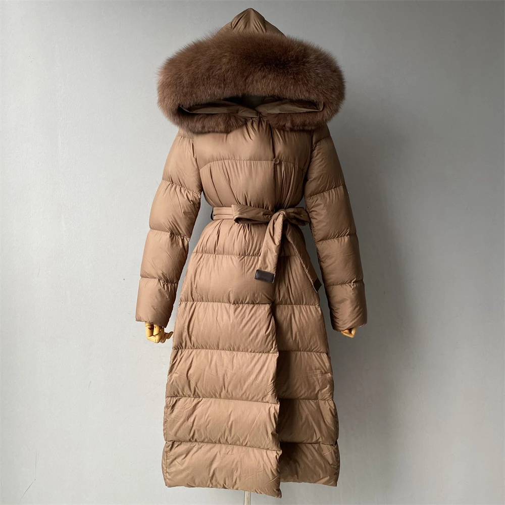 Jxwatcher Women's Down Coat with Real Fur 2024 Winter Fashion Long Style White Duck Down Coats with Hood Ladies Casual Outerwear