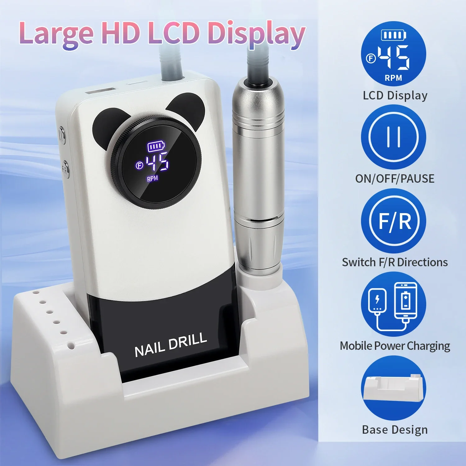 45000RPM ネイルドリルマシンポータブルマニキュアジェルサンダー電動プロフェッショナルネイル旋盤 HD 液晶ディスプレイマニキュアケア