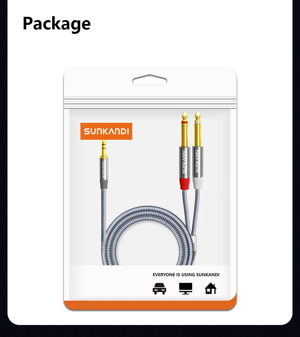 SUNKANDI 1/8 to 1/4 Audio Cable, 3.5mm TRS to Dual 6.35mm 1/4 TS Mono Y Splitter Audio Cord Adapter for PC, Home Stereo System