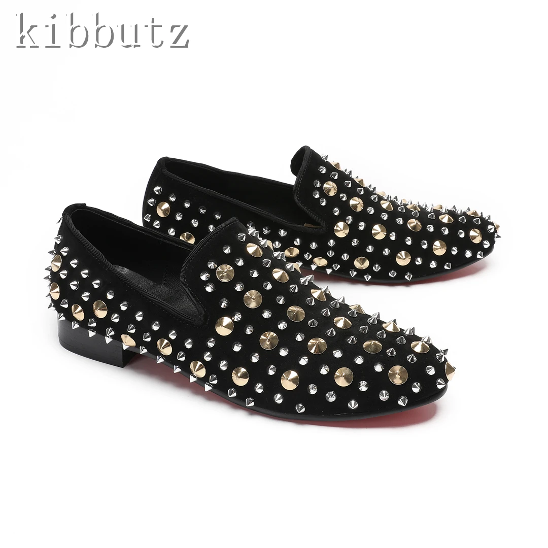 

Men New Round Toe Rivets Loafers Luxury Genuine Leather Spikes Flats Male Comfortable Casual Driving Shoes