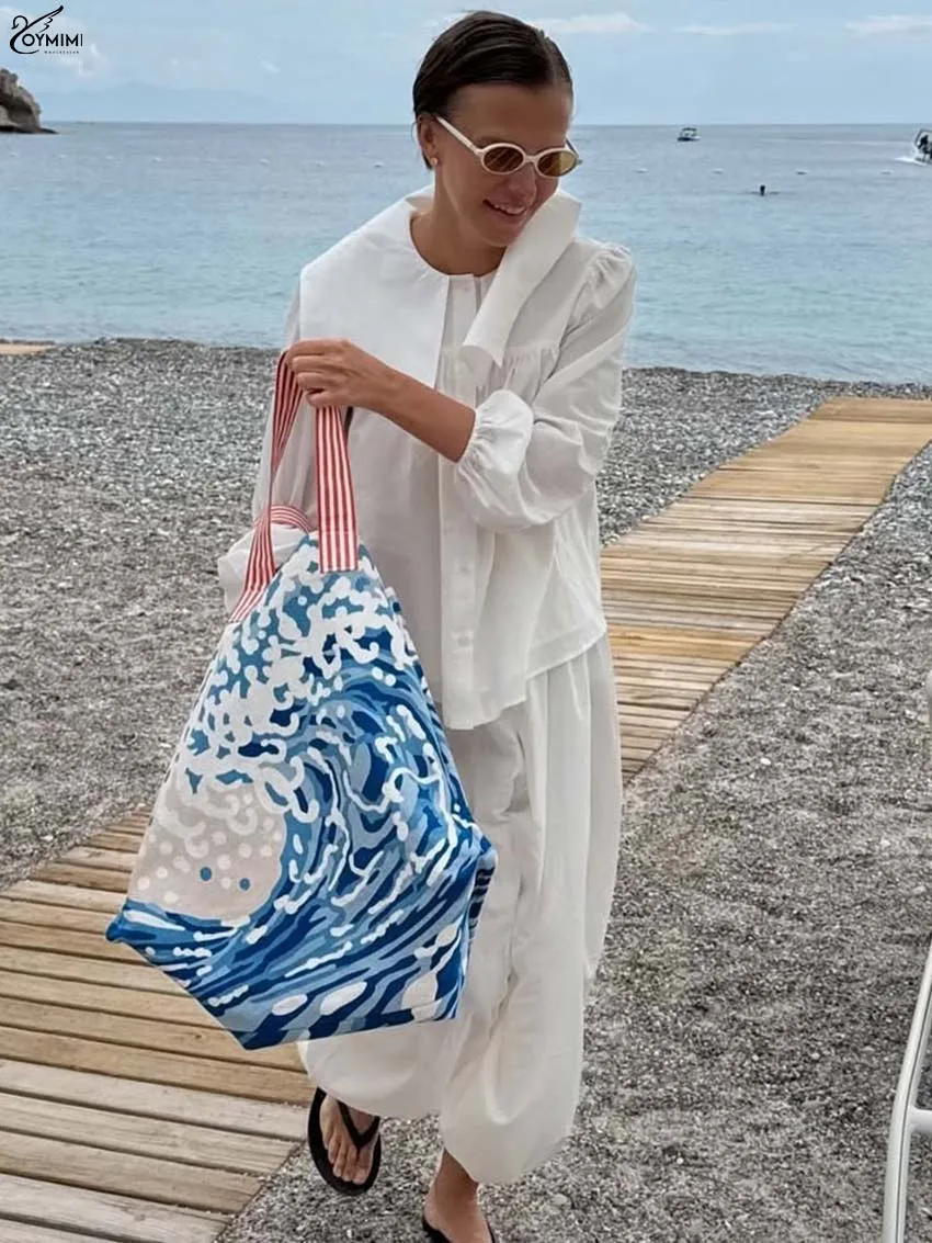 Oymimi أزياء القطن الأبيض 2 قطعة مجموعات امرأة الزي أنيقة بحار طوق كم طويل زر القمصان والسراويل الرباط مجموعات