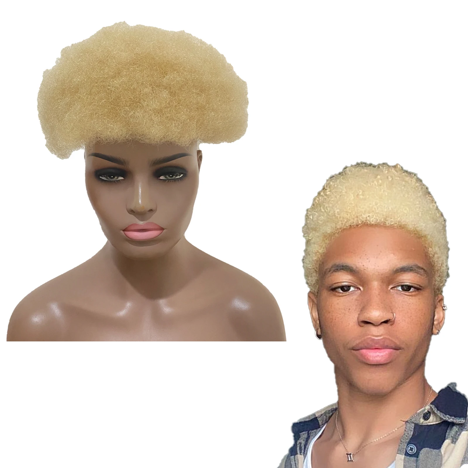 Afro Blonde Toupee For Men 4mm Afro Curly Hair Breathable Full Lace 100% Remy Human Hair Relacement Hair System