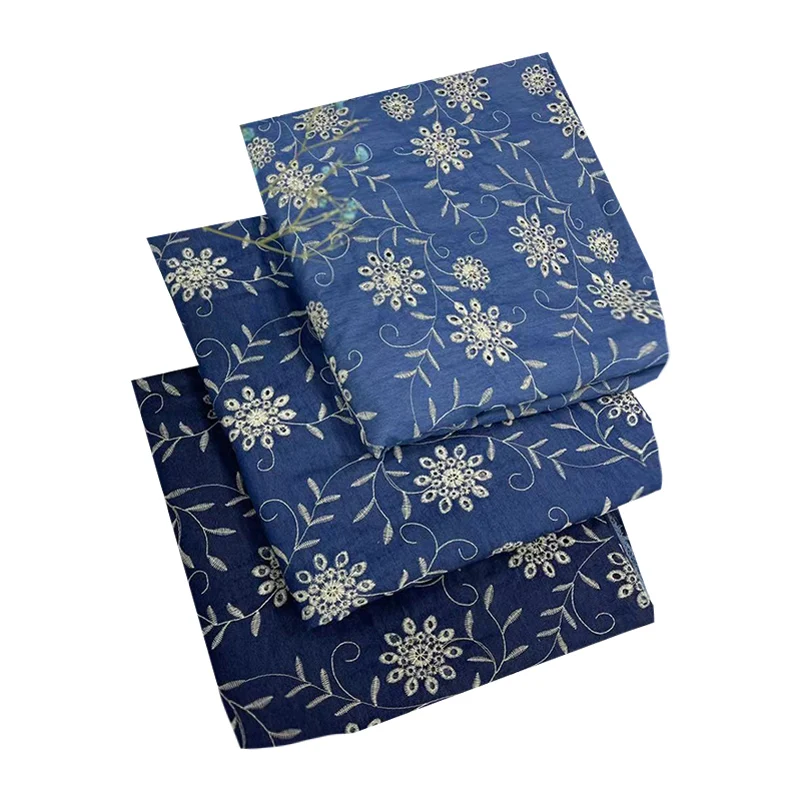 Denim Fabric Blue Thin Cotton Sunflower Embroidered Polyester Cotton No Elasticity per Half Meter