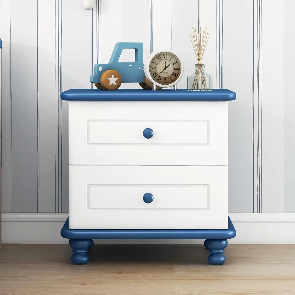 

Children's bedside table, white+blue children's modern rural drawers, bedroom wooden bedside table, bedroom bedside table