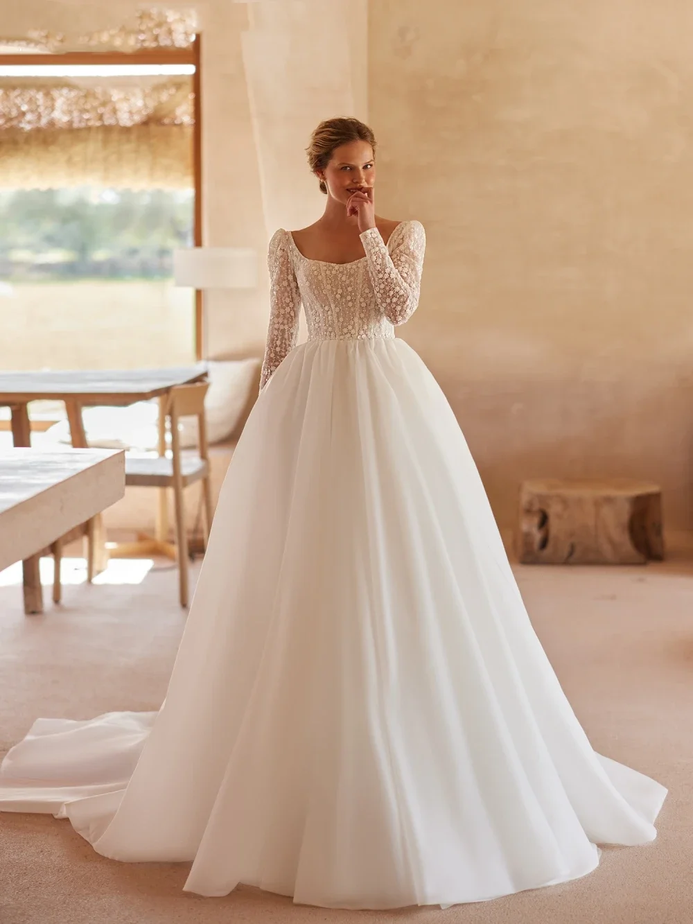 

Flavinke Customized Shiny Beaded Lace Appliques Wedding Dresses Long Sleeve Bridal Gown Elegant A-line Tulle Dresses For Bride