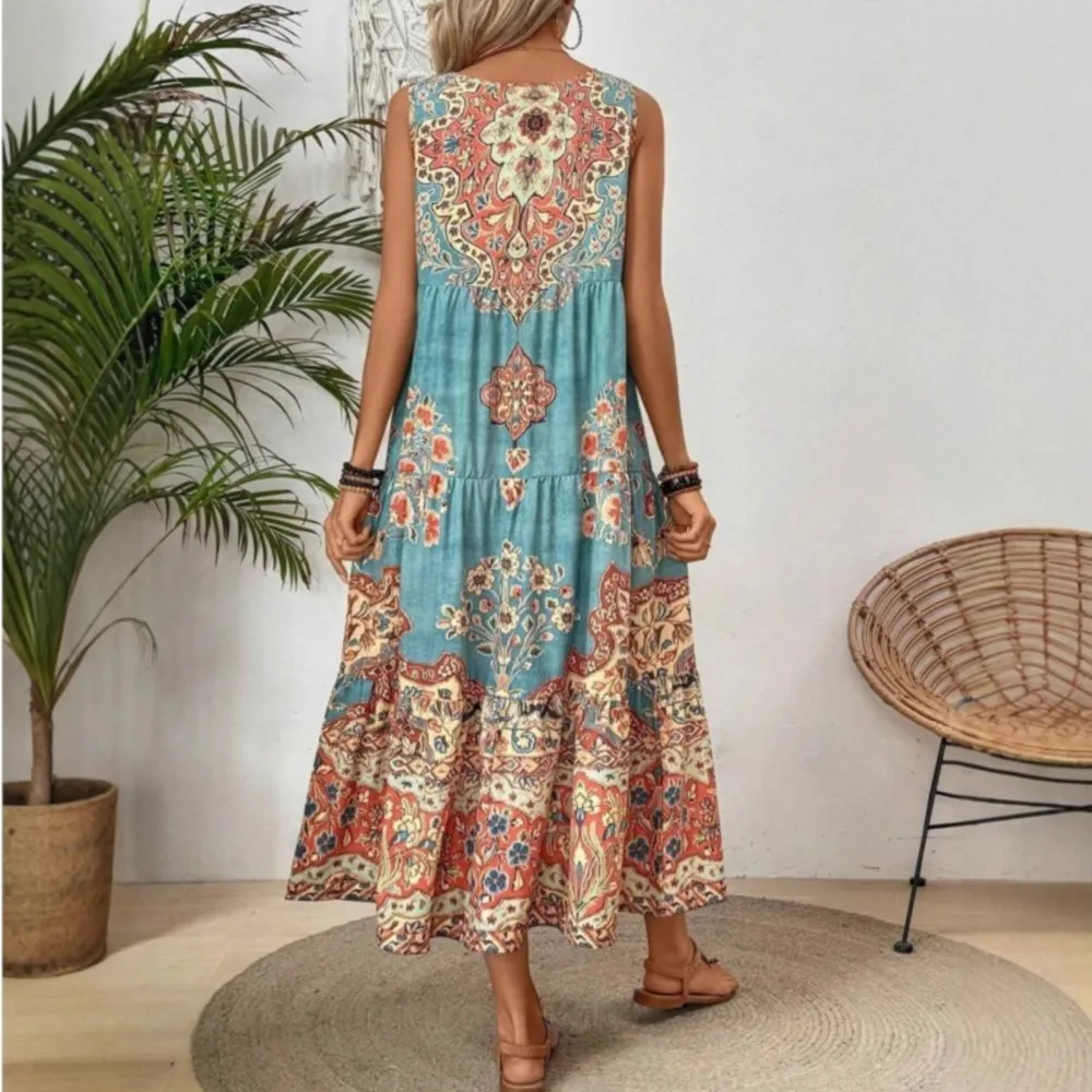 2025년 유행 보헤미안 슬리브리스 V넥 플로럴 프린트 드레스 우아한 여름 휴가 선드레스