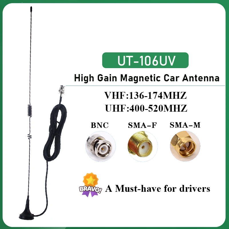 Nagoya UT-106UV Car Radio Magnetic Antenna SMA-Female SMA-Male BNC Connector VHF/UHF Dual Band For UV-K5 UV-17 IC-V8 Radio HT440