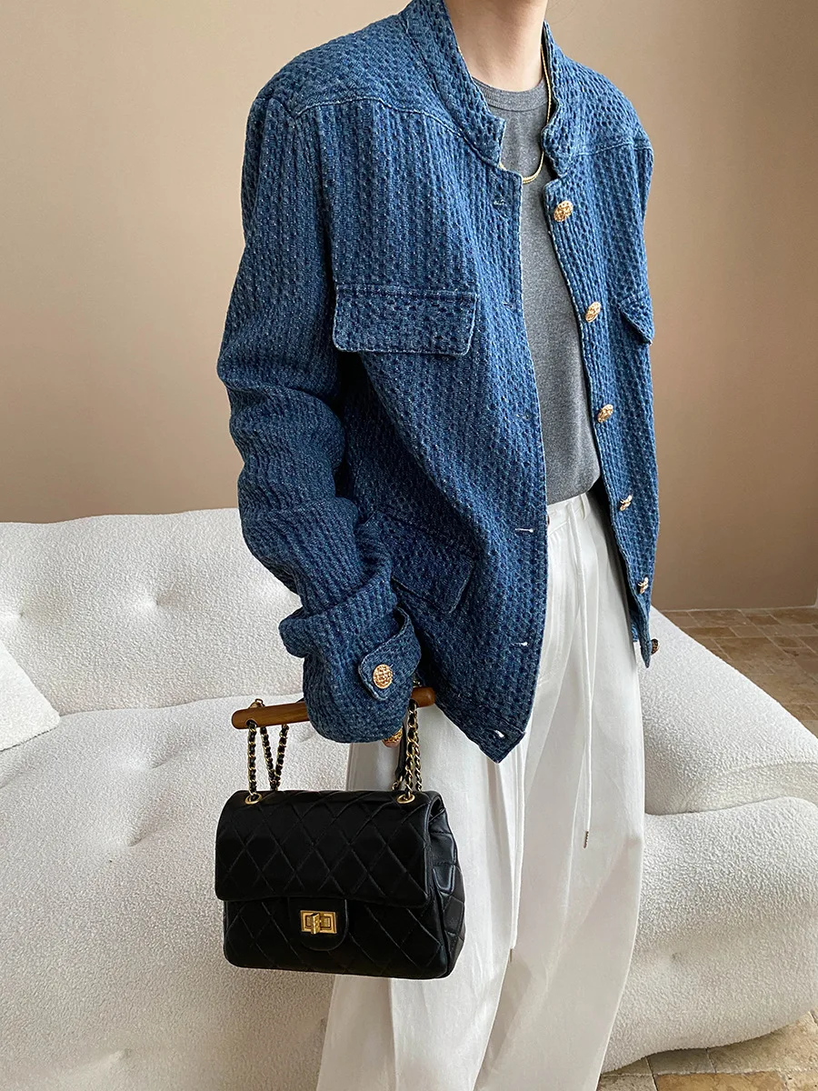 سترة نسائية كاجوال للخريف والشتاء بلون سادة وياقة واقفة وأكمام طويلة فضفاضة من قماش الدنيم