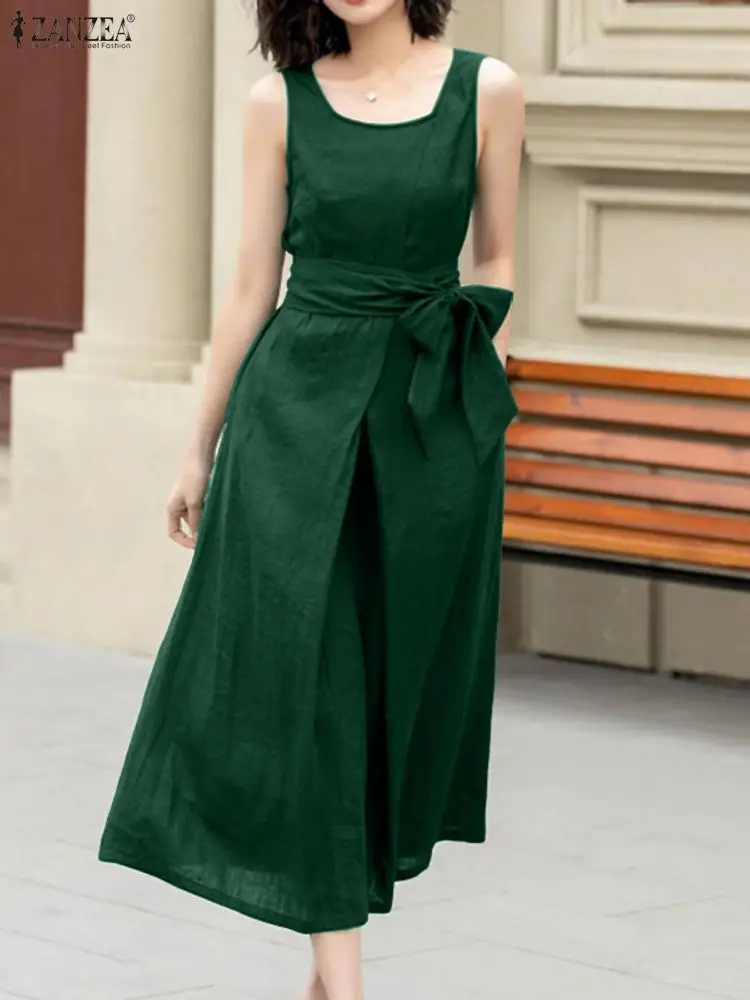 Fashion Long Shirt Dress ZANZEA Women Sleeveless Maxi Sundress Square Collar Solid Belted Pleated Party Elegant Vestido Oversize