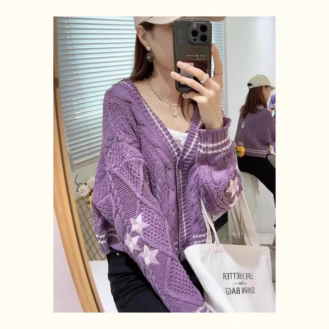 

Американский винтажный укороченный кардиган со звездной вышивкой, женский осенне-зимний свободный фиолетовый вязаный свитер, дизайнерский женский кардиган
