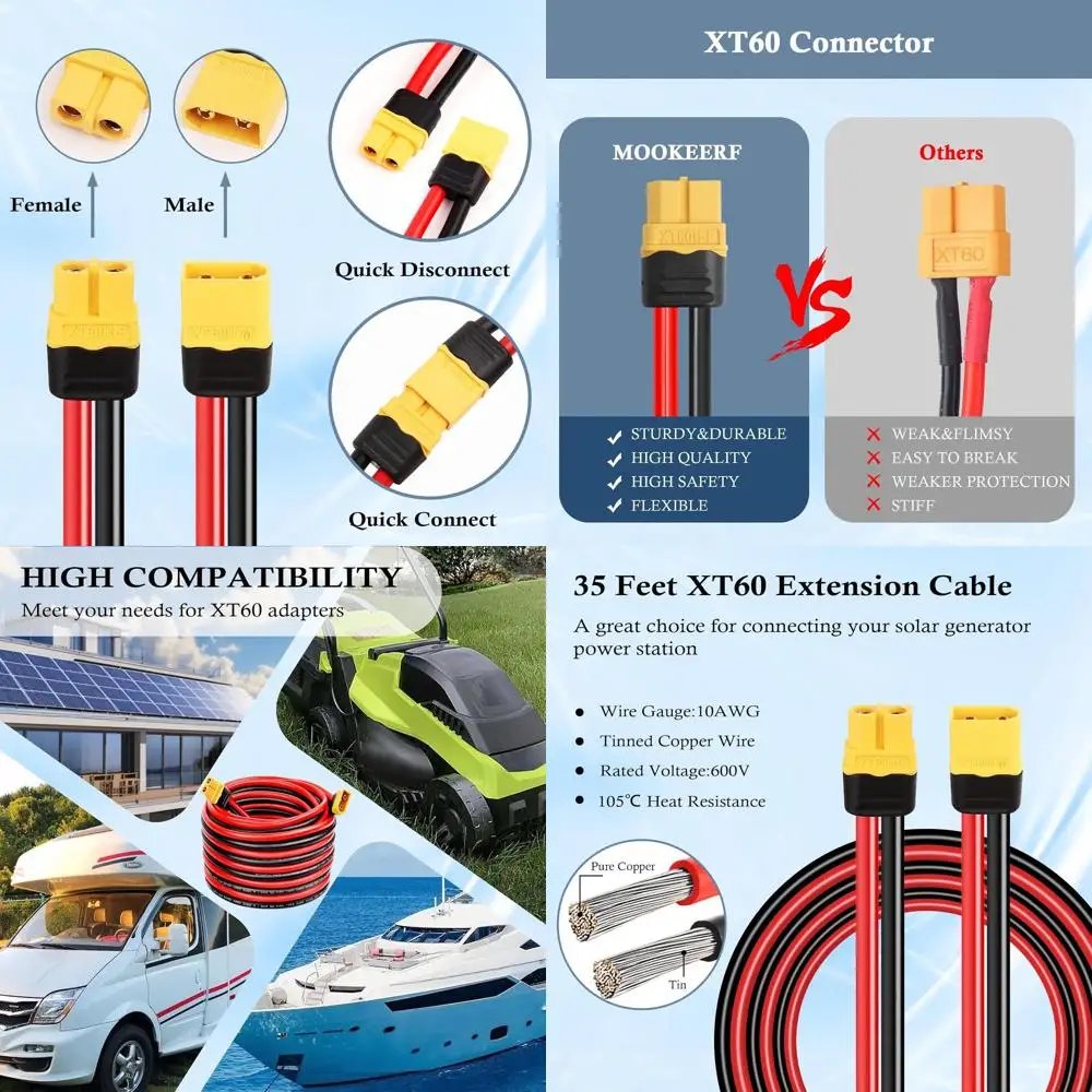 

10AWG 35T XT60 Extension Cable - Male to Female Connector for RC Battery and Portable Power Solutions