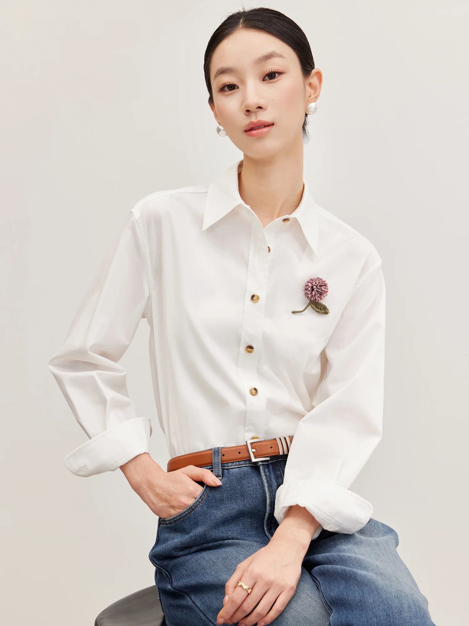 

Ji Qiu Rui Xi Anti-Wrinkle Liquid Ammonia 00 Pure Cotton Long Sve White irt Classic Versatile Age-Defng Women's Blouse