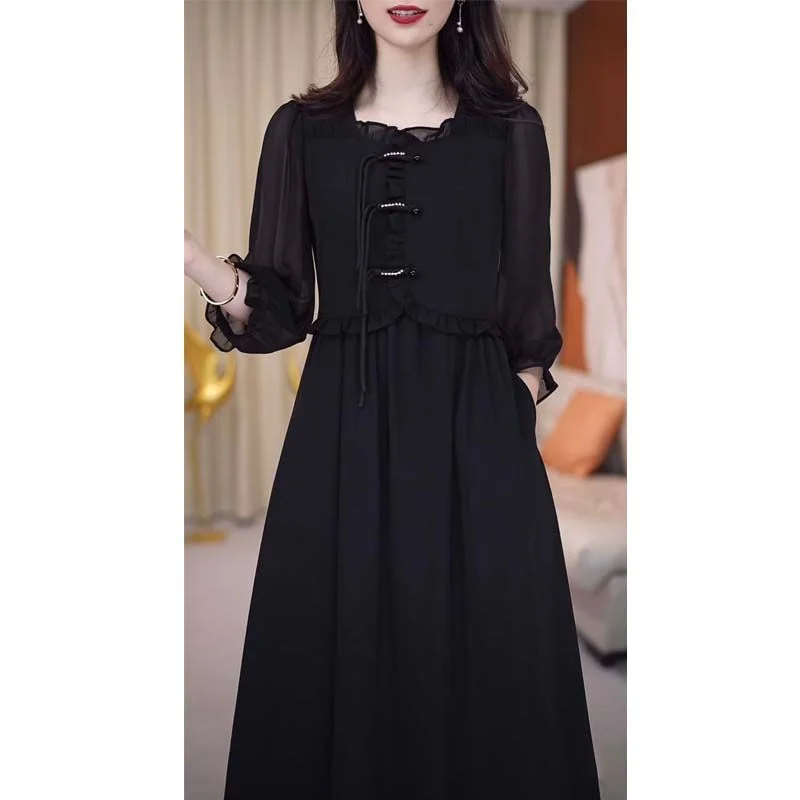 Nuevo vestido de moda china para mujer 2025, Primavera y novedad de verano, estilo elegante, falda de longitud media con empalme de hongos reductores de edad