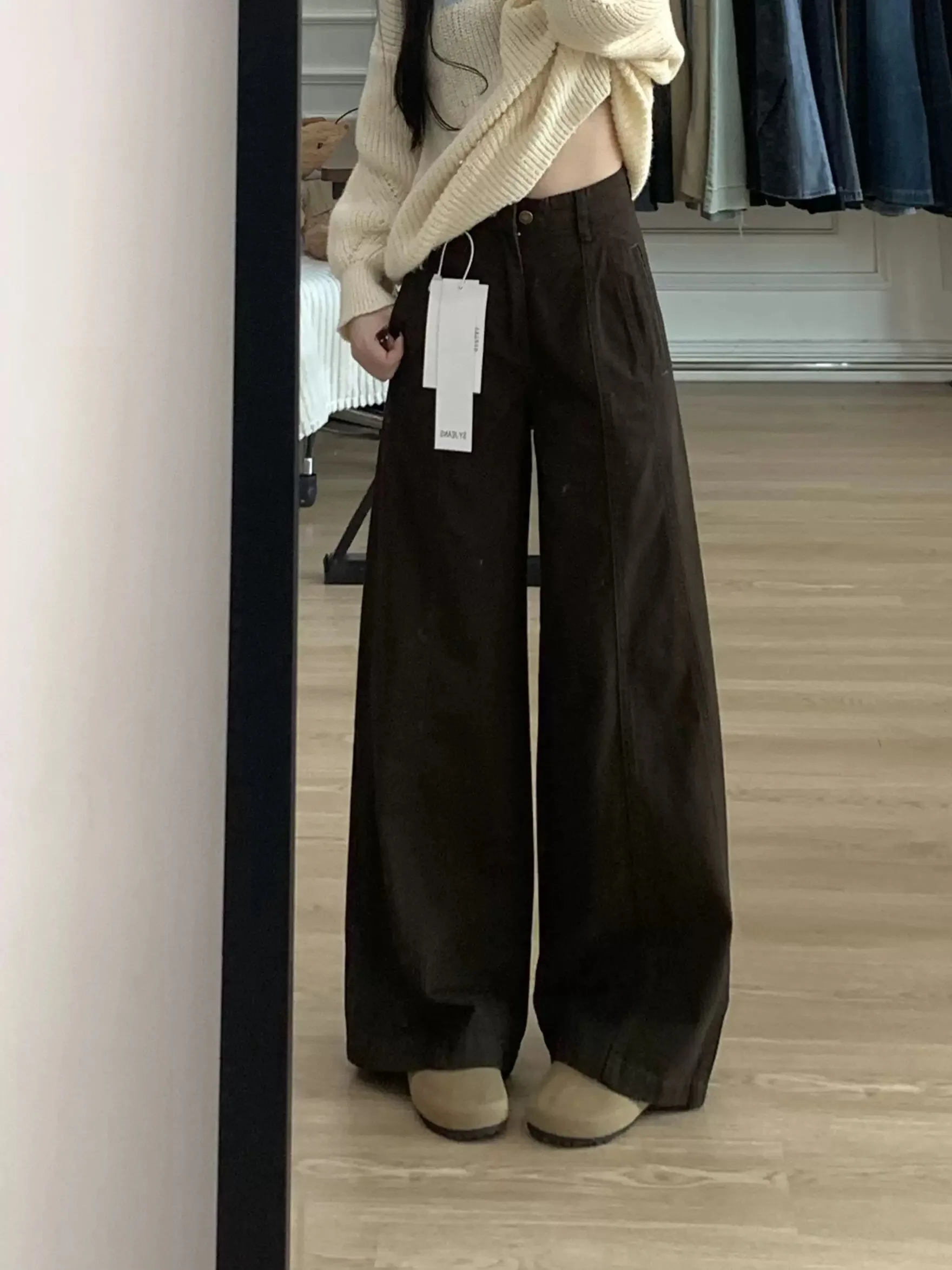 

Y2K Coffee Jeans Women High Waisted Loose Straight Leg Narrow Wide Pants Slim Floor Dragging Autumn