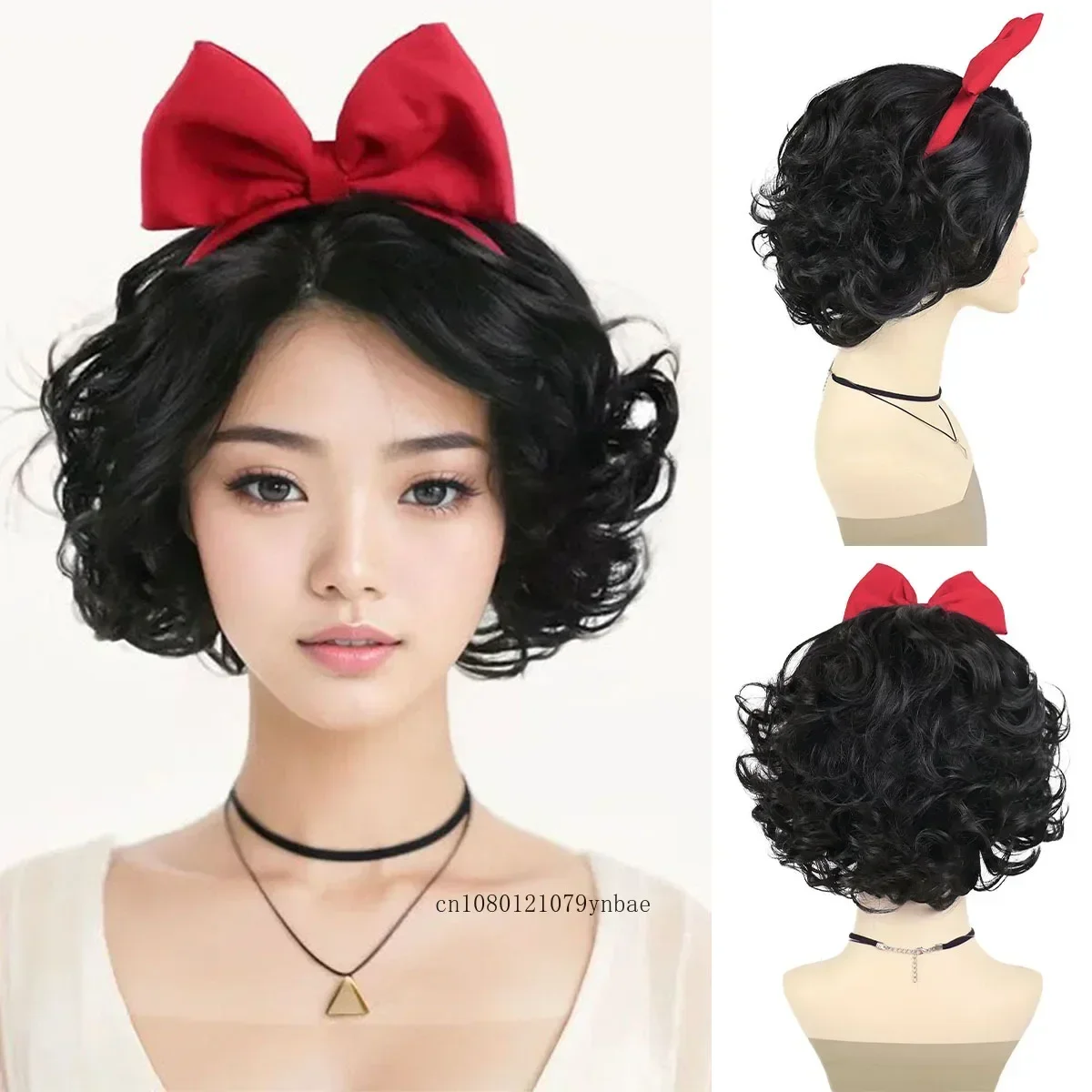 

Synthetic Black Halloween Cosplay Wigs with Red Bow Short Curly Wig for Women Girl Snow White Costume Daily Use Anime Drag Queen