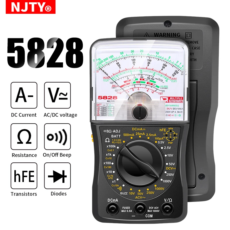 NJTY 5828  Analog Multimeter Pointer Display 1000v Tester AC / DC Voltage Current Resistance Meter Needle Type Universal Meter