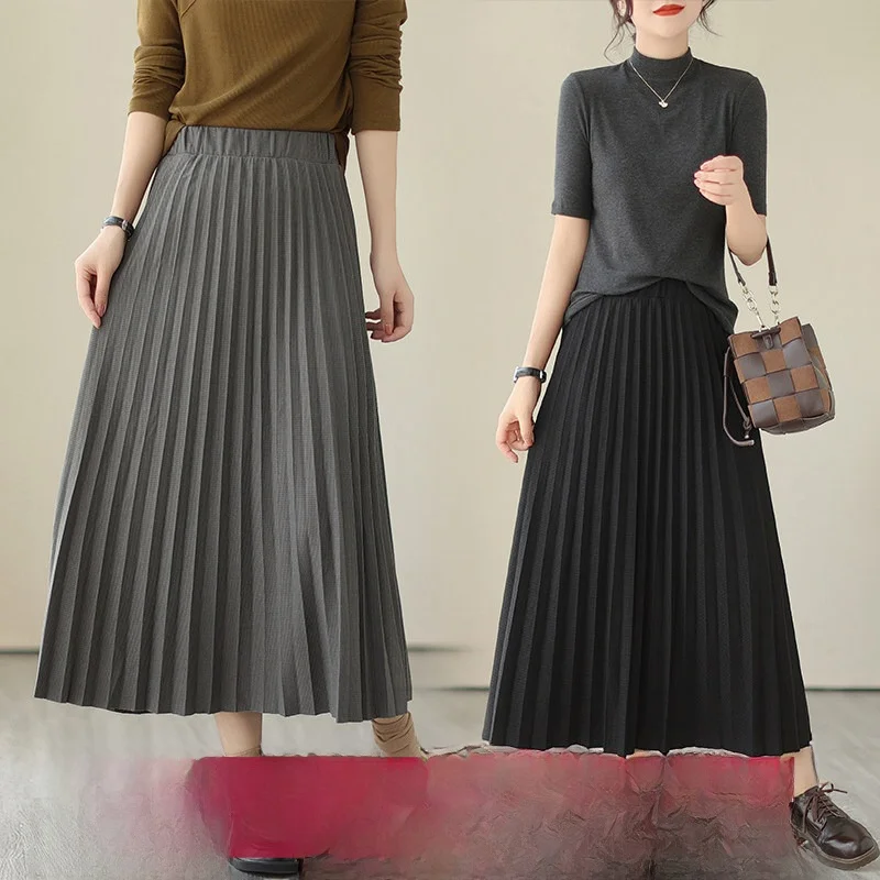 New Style Pleated Half Skirt Elastic Waist Swing Thin Quality Polyester Fiber Long A-Line Skirt Commute Suitable mid Waist De...