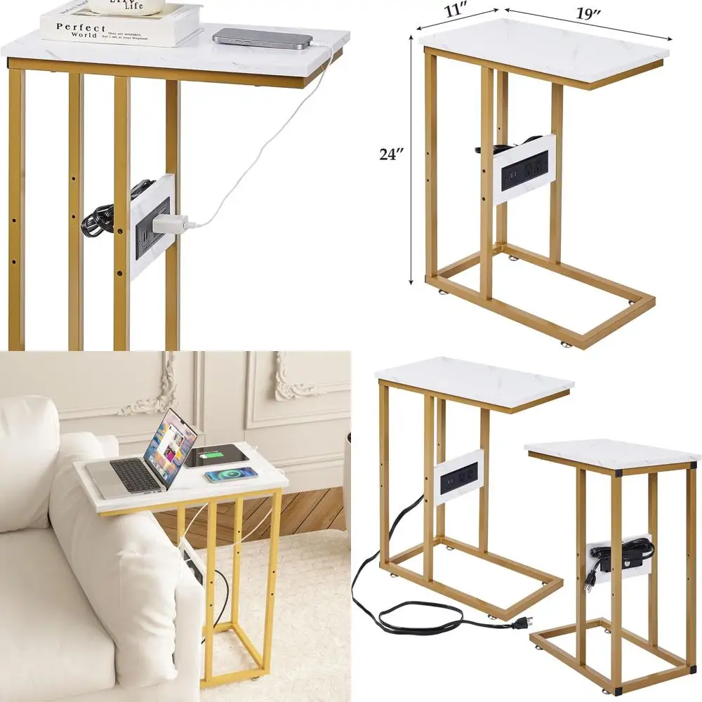

C Shaped End Table with Charging Station & Power Outlets, Quick Access Side Table for Sofa, C Bedside for Living Room Bedroom 2