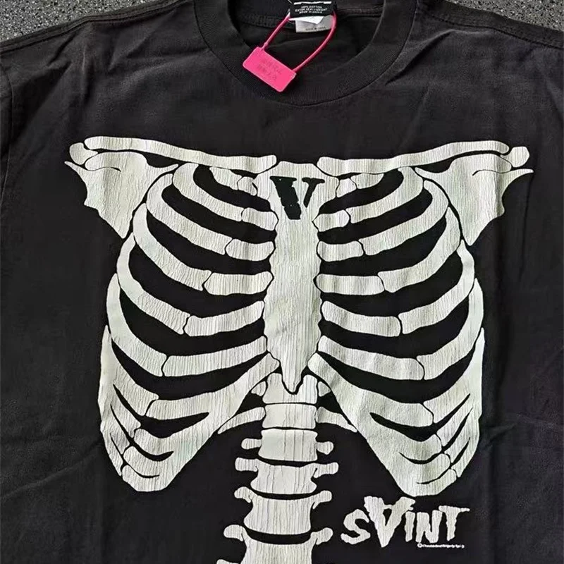 2025SS Cracked Pattern Printed Vintage Washed Black T-Shirt Saint Loose Hip Hop Tops Cotton T